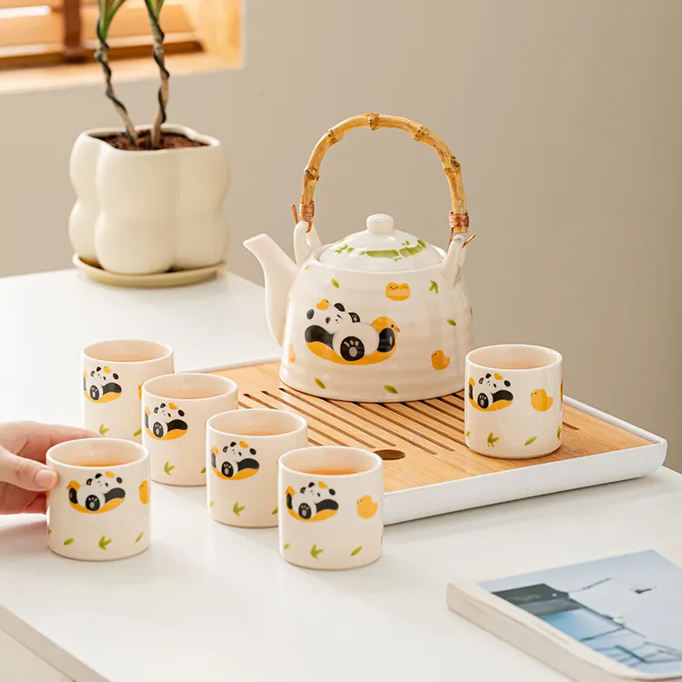 熊猫茶壶茶杯茶具套装家用订婚乔迁生日礼物提梁功夫泡茶简约可爱