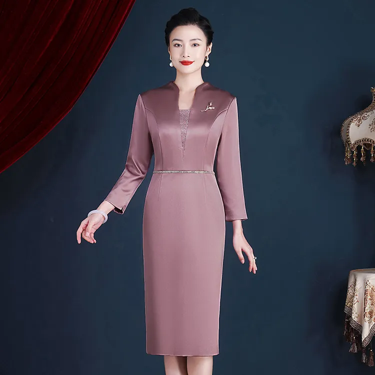 5269气质修身中年妈妈装春装新款喜婆婆结婚礼服中长款显瘦连衣裙