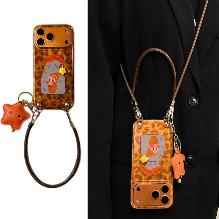 可爱豹纹转转星星人适用iPhone17promax苹果16手机壳15斜挎14防摔