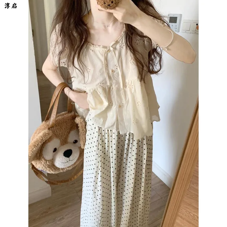 淳启甜美风花朵镂空短袖衬衫女夏季小众蝴蝶结蕾丝花边娃娃衫上衣