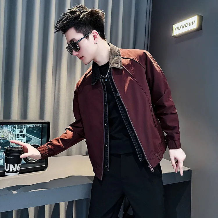 拼接假两件外套男士春秋季潮牌翻领夹克2025新款韩版休闲短款上衣