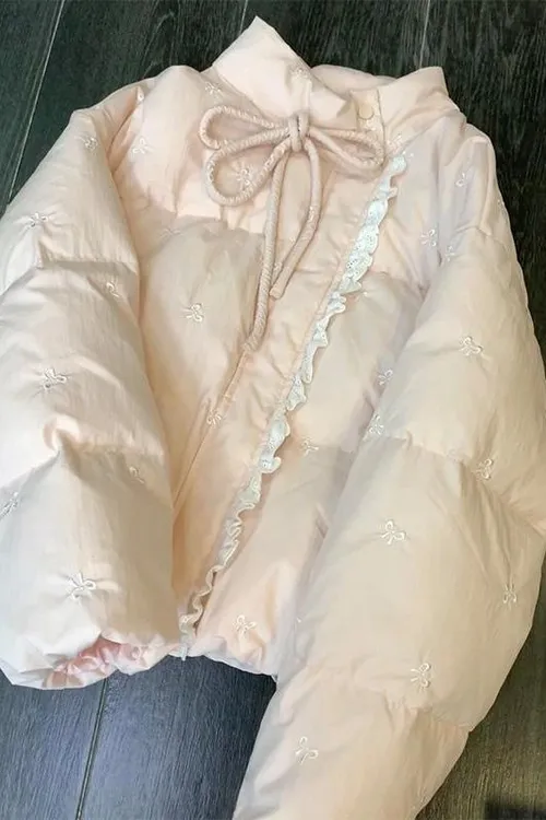 厚款刺绣蝴蝶结绑带立领棉服外套女冬小香风拼接蕾丝超甜美保暖面