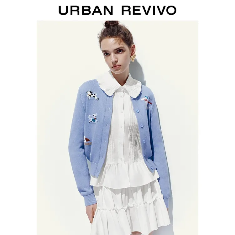 UR2025秋季新款女装休闲童趣小狗图案排扣针织开衫UYY950107