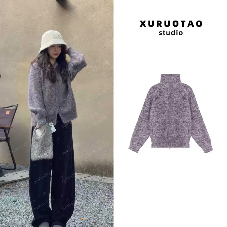 XURUOTAO【梦境紫】邓肯花纱马海毛羊毛混纺花紫咖色上衣 T5906