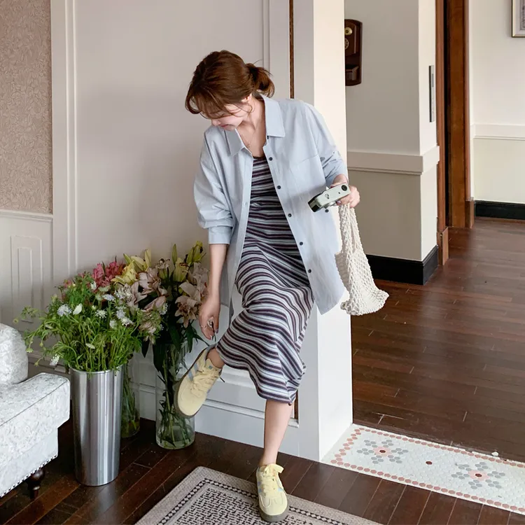 韩系氛围感衬衫条纹吊带裙2025早秋新款时尚简约气质ins风套装裙