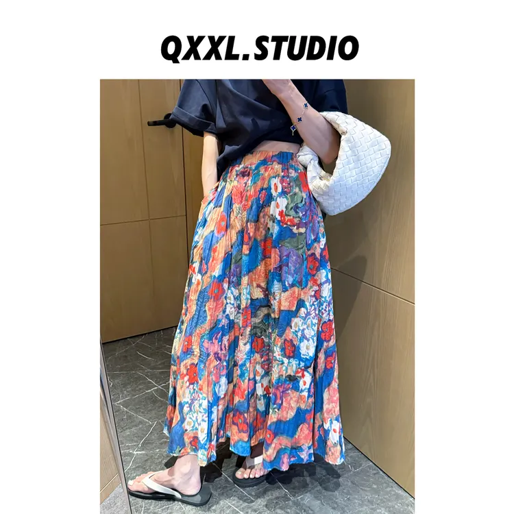邱小小丽呀 涂鸦晕染大花朵半身裙女夏季新款高腰显瘦中长款裙子
