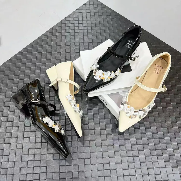 2025新款立体亮片水晶花朵尖头粗跟一字带玛丽珍LF068