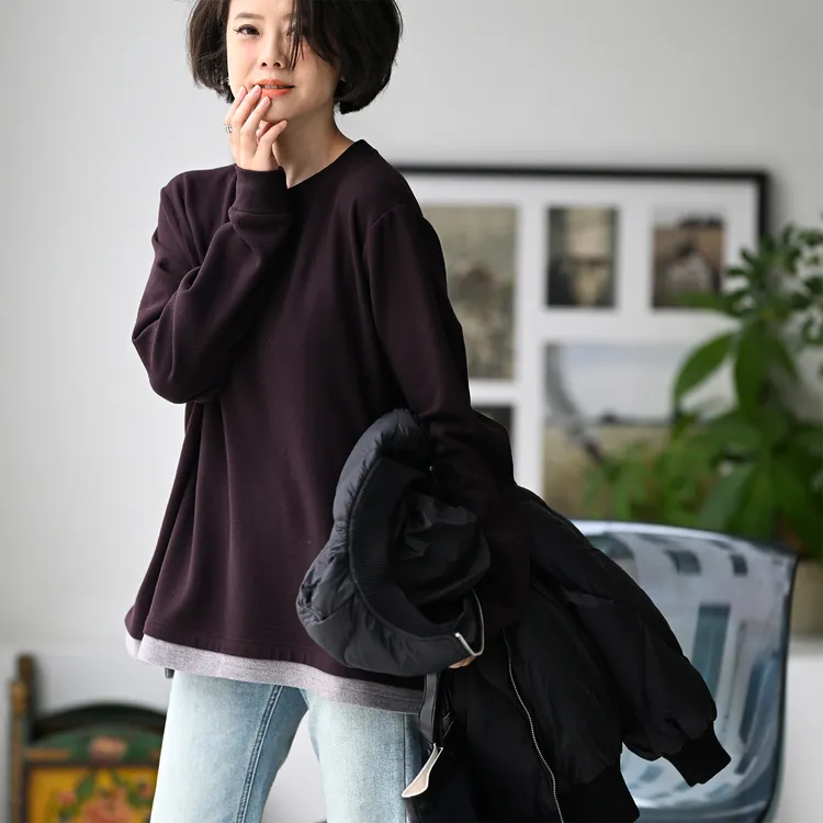 包邮T68670 文艺休闲圆领宽松侧扣德绒打底假两件T恤女25秋冬