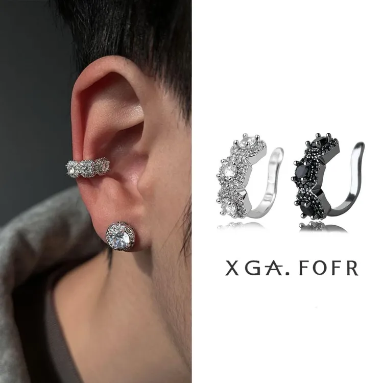 铜合金合成锆石耳饰 黑白方糖满钻耳骨夹百搭时尚欧美小众轻奢款