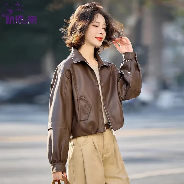 小皮衣外套女短款2025新款春秋韩版宽松休闲复古气质PU皮机车夹克