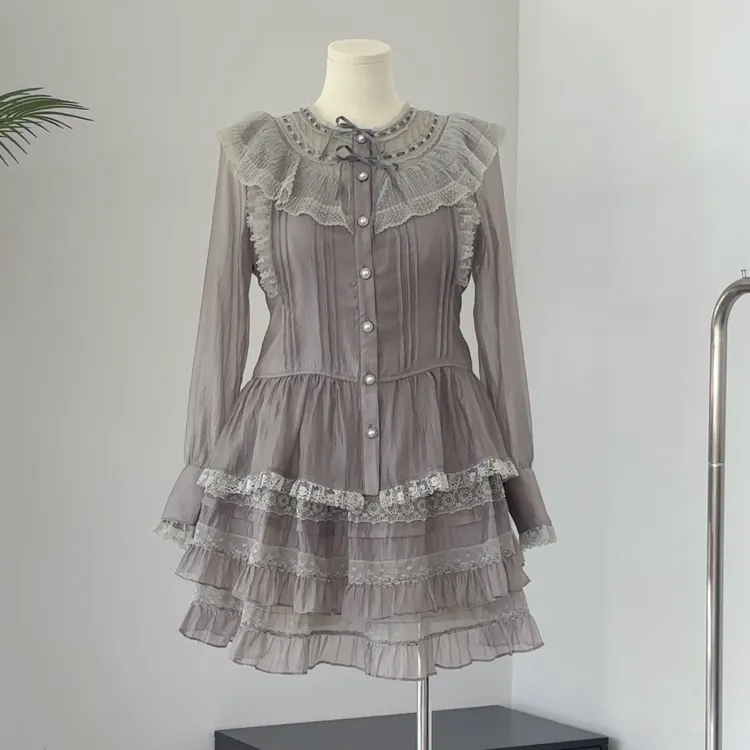 月灰纱语｜大码胖mm公主风雾山灰紫花边蕾丝衬衫上衣短裙时髦套装