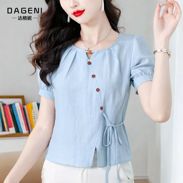 法式短袖衬衫设计感绑带遮肉显瘦上衣女夏季2025新款洋气减龄小衫