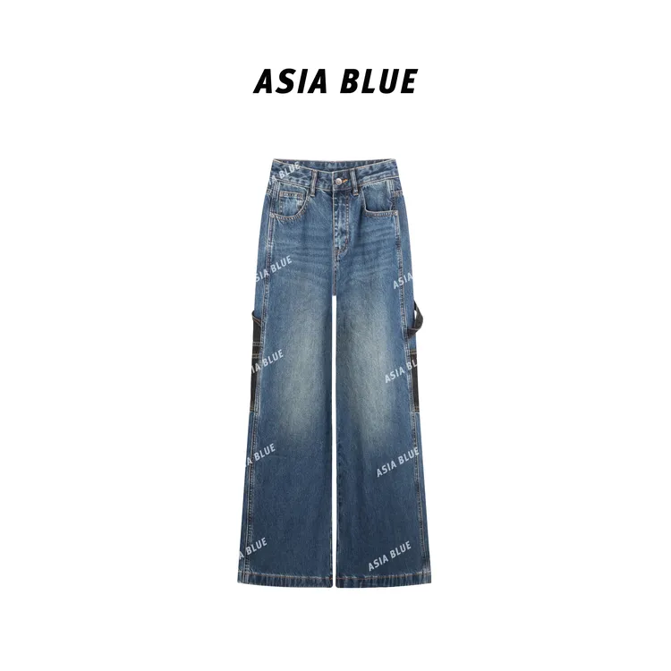 【ASIA BLUE】秋季无弹撞色拼接百搭直筒喇叭牛仔裤YW70015