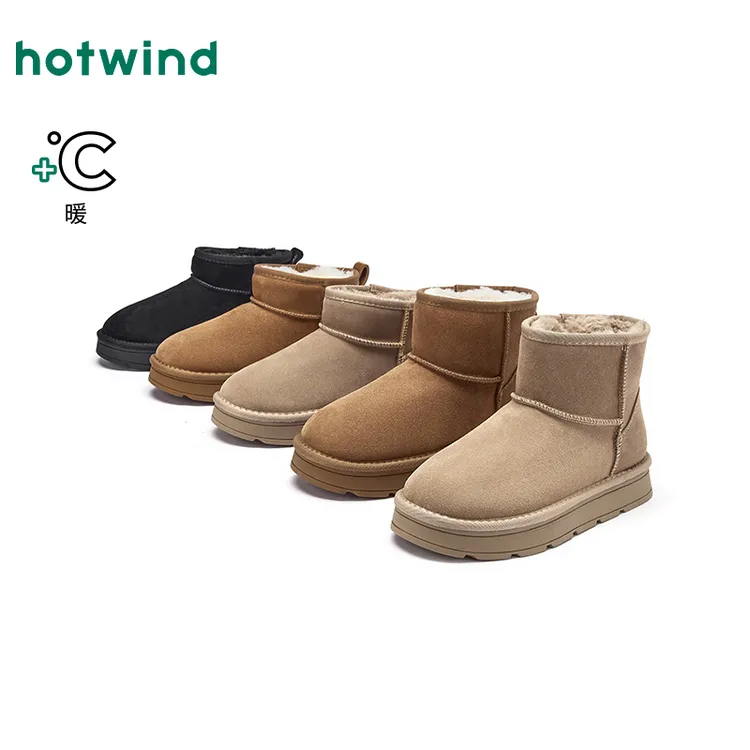 热风25年冬季新款女士东北加绒加厚短筒长筒防滑雪地靴H89W25V02