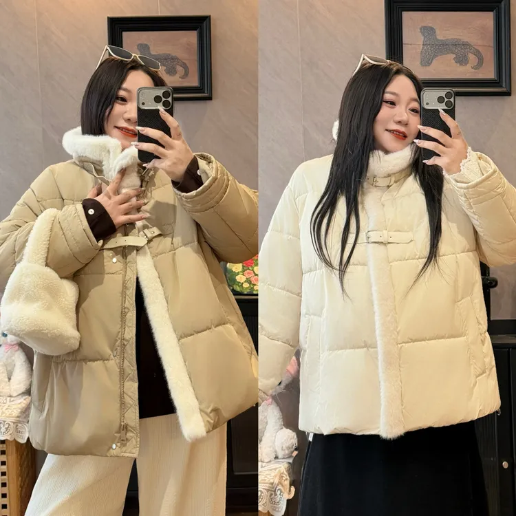 花契“蜜栗奶冻”大码女装冬季宽松200斤胖mm设计感拼接棉服6973-H