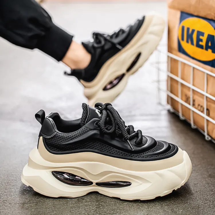 网红爆款男鞋2025春季新款皮面休闲运动鞋轻奢百搭厚底增高老爹鞋