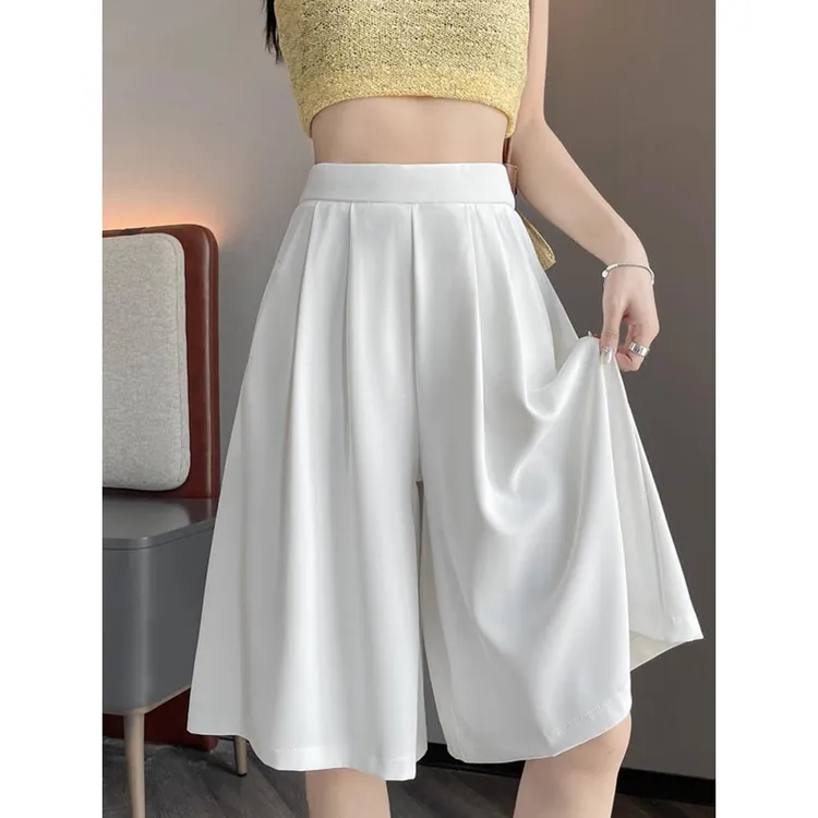 白色冰丝六分阔腿裤女夏薄款小个子中裤高腰显瘦宽松休闲七分裤裙