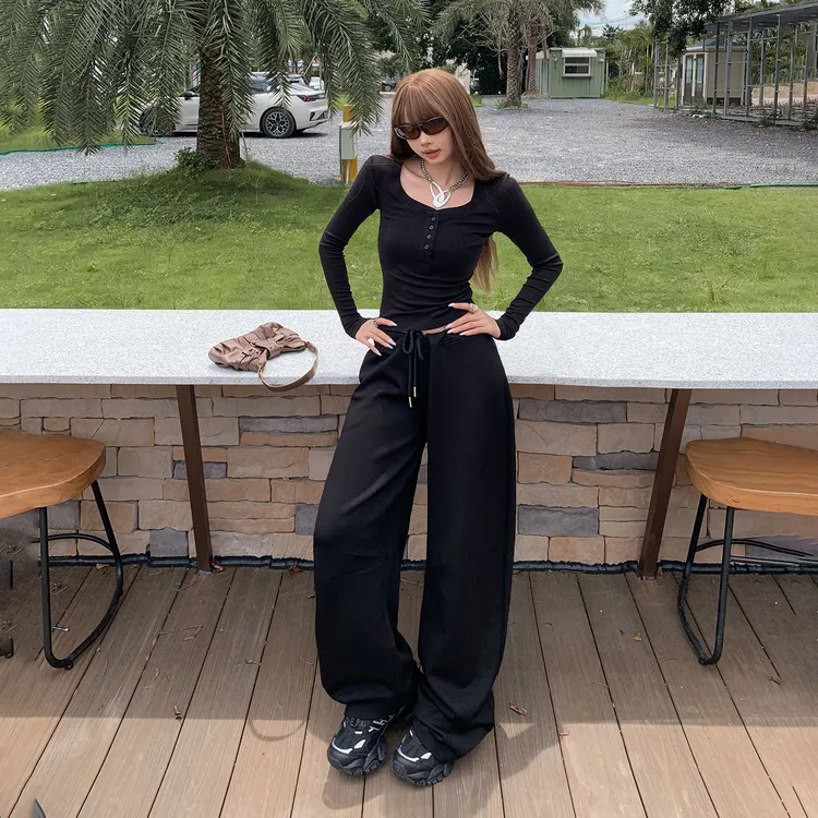 运动美式复古修身上衣宽松阔腿裤女v腰弯刀裤垂感抽绳秋冬套装