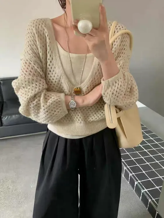 2025秋季新款韩版圆领宽松假两件保暖毛衣时尚清新痞帅早秋上衣