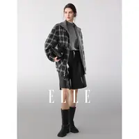 ELLE女装格纹拼接立领棉服2025冬季新款宽松休闲短外套EH53118