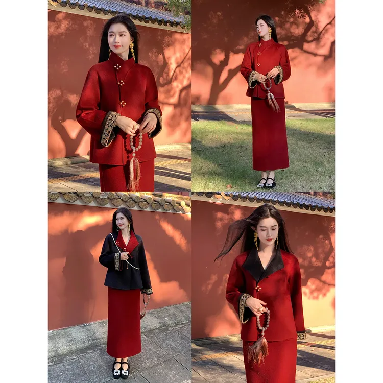 凌茜恣禾【赤松亭】国风新中式双面穿红色毛呢外套红色半身裙套装女