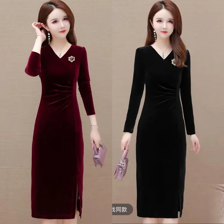 【衣雅严选】8091-1405新款重磅植绒气质显瘦开衩连衣裙