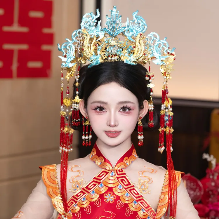 15410喜看优选新娘大气饰中式黄色古风汉服秀禾服龙凤褂流苏发饰