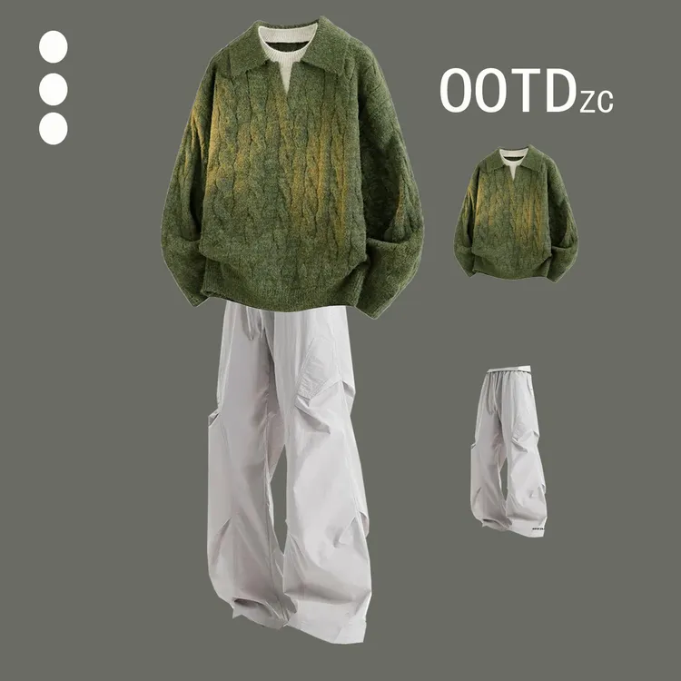 大学生懒惰风套装软糯毛衣搭休闲裤时尚两件套男生春秋一整套衣服