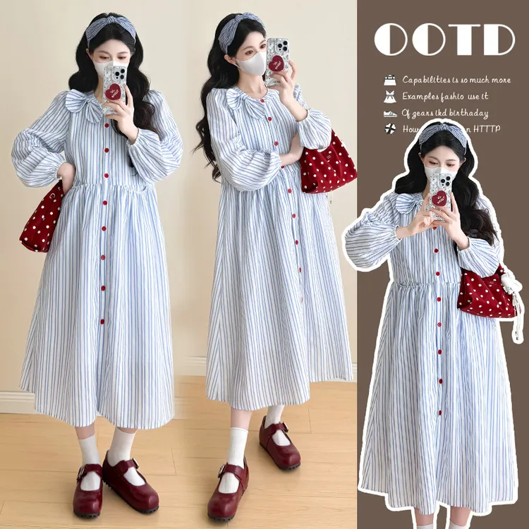 时尚孕妇装宽松显瘦长裙子女2025秋冬新款蝴蝶结条纹孕妇连衣裙