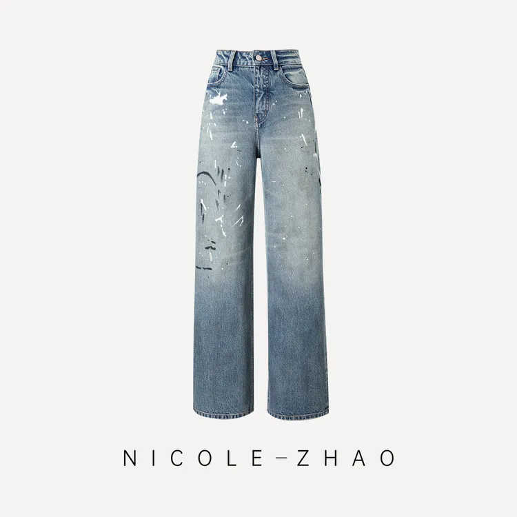 4NKN002【贵姐NICOLE】设计师定制进口女式时尚气质泼墨涂鸦牛仔裤