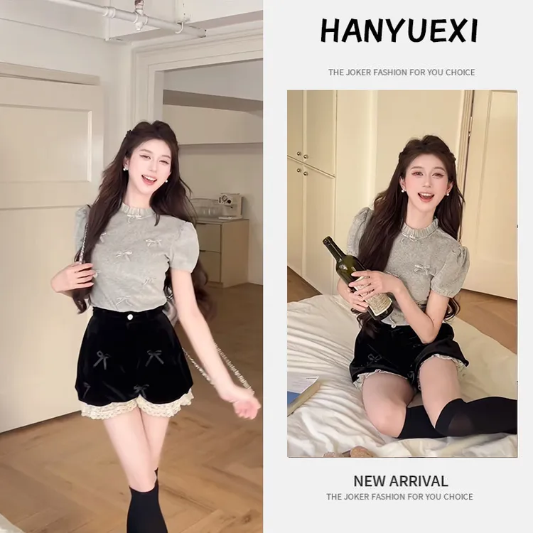今年流行穿搭一整套2025新款韩系高级感蝴蝶结设计短袖短裤两件套