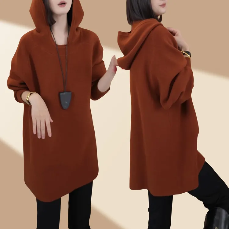 新款纯色长袖大码显瘦洋气宽松卫衣2025秋冬时尚连帽针织衫上衣女