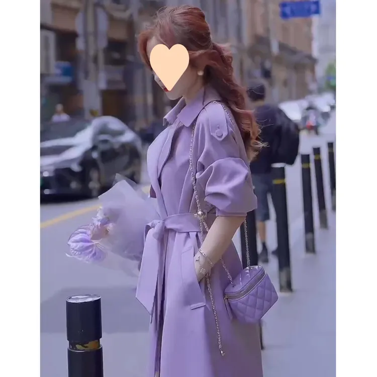 2025今年流行紫色风衣外套女春秋新款高级感淑女风中长款盘扣大衣