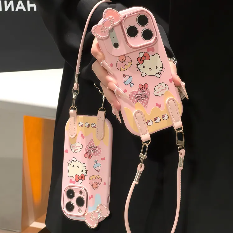 可爱kitty粉钻蝴蝶结挂绳适用iPhone17/16手机壳小米vivoppo华为