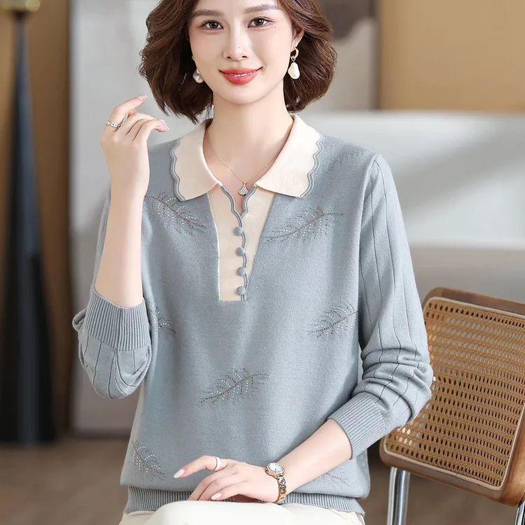 中年妈妈装春秋新款毛衣秋装翻领针织上衣中年女装秋冬装外穿小衫