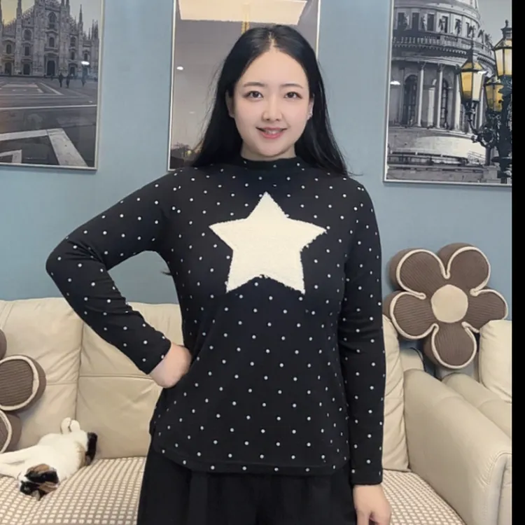 秋冬新款波点弹力半高领长袖打底T恤女修身显瘦内搭上衣