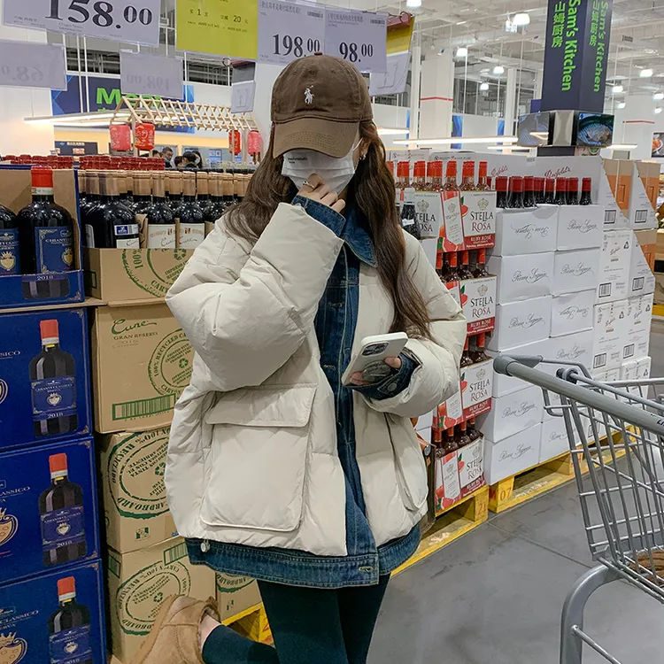 假两件牛仔拼接羽绒服女2025年冬季新款休闲百搭90白鸭绒保暖外套