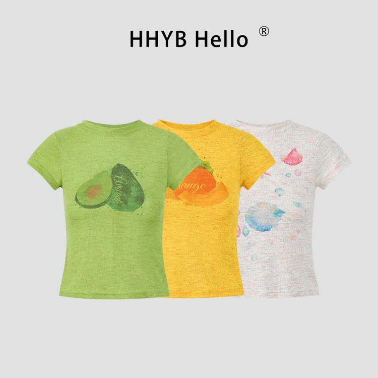 HHYB Hello绝美T恤彩色印花上衣女2025夏新款百搭显瘦上衣H10076