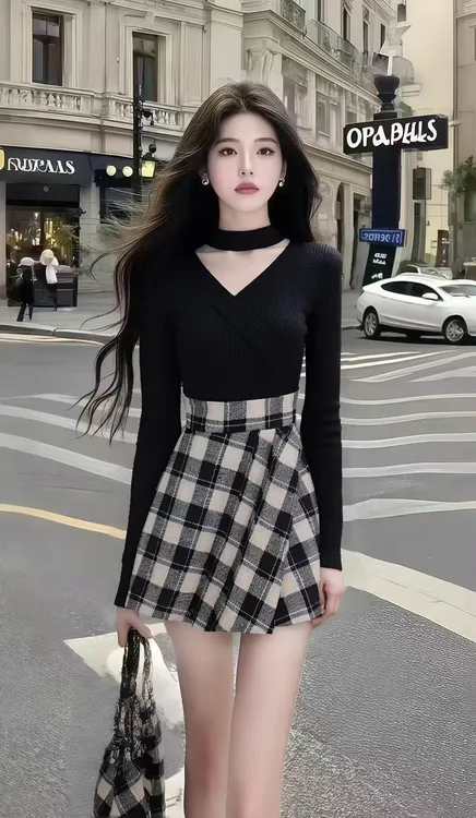秋季新款淑女黑色修身V领长袖针织上衣+百搭黑色格子半身裙两件套