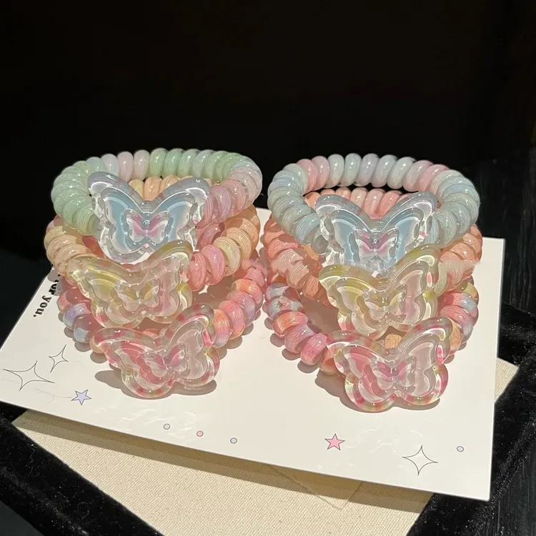 渐变色蝴蝶电话线发圈少女心头绳夏日彩虹发圈高弹力清新发绳网红