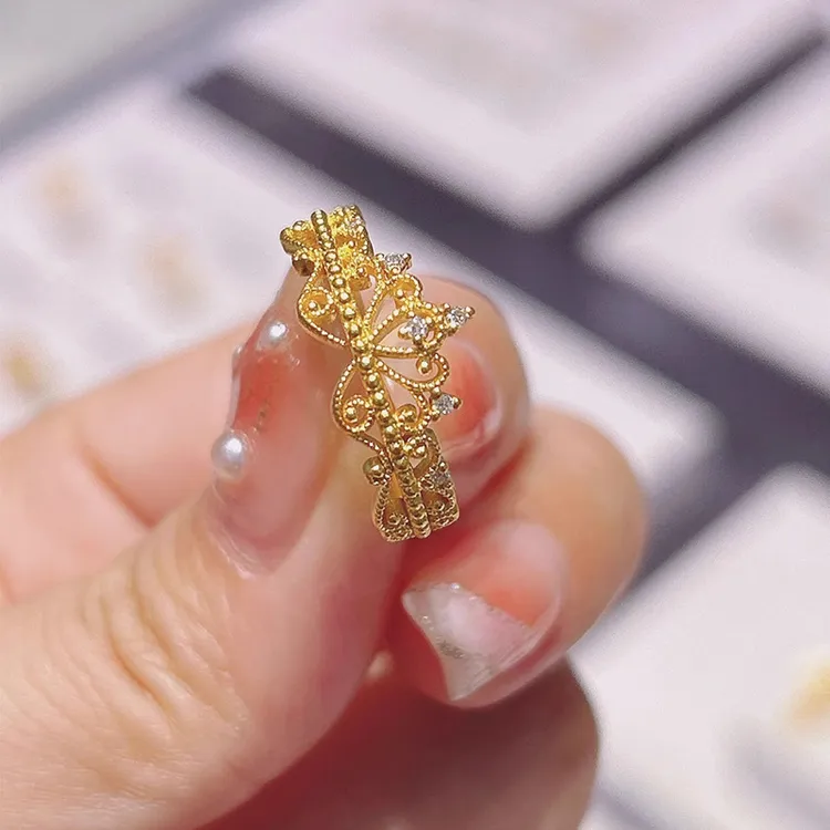 【酷酷】皇冠金色小碎钻戒指女轻奢ins指环小众可调节食指戒