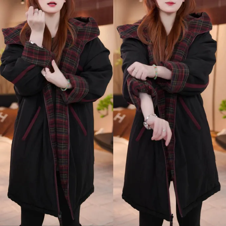 时尚加厚保暖中长款棉衣外套秋冬新款气质宽松显瘦双面穿连帽棉服