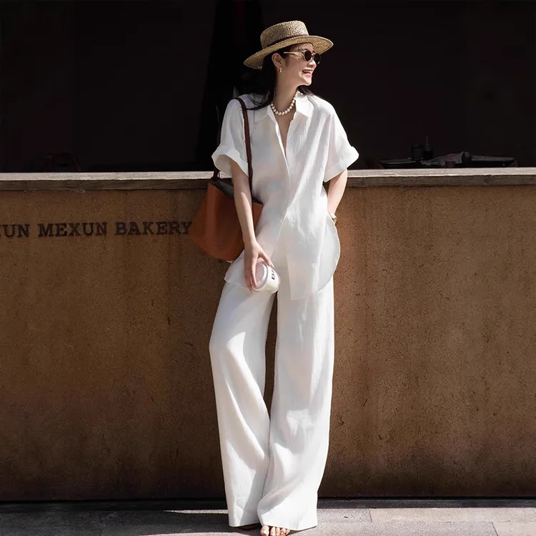 超火夏装一整套轻奢高级感大方得体减龄白色衬衫休闲裤套装女
