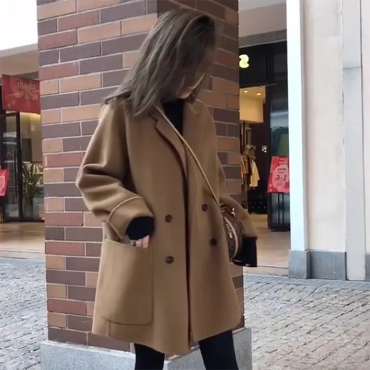 新款高级感大码西装式黑色呢子大衣秋冬胖mm赫本风毛呢外套女上衣