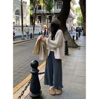 YO定制秋冬设计感加绒花边毛呢休闲裤休闲松紧腰宽松九分阔腿裤