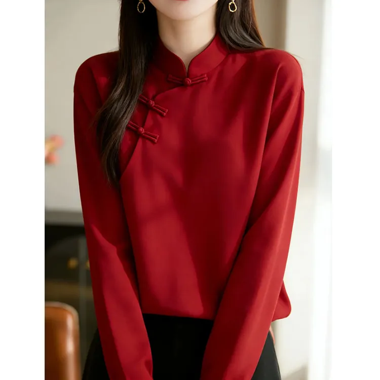 2025秋冬季新款新中式国风设计感小众洋气显瘦百搭红色上衣女爆款