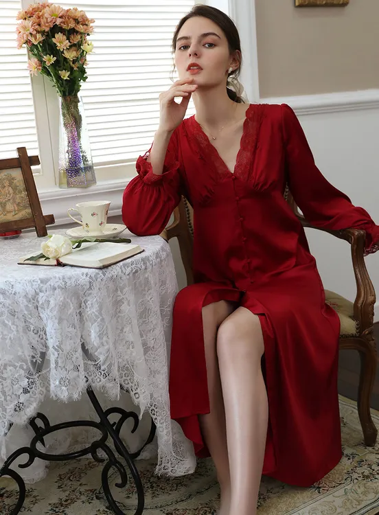 新婚女V领性感长袖法式家居服长款睡裙薄款100%全冰丝睡衣女大码