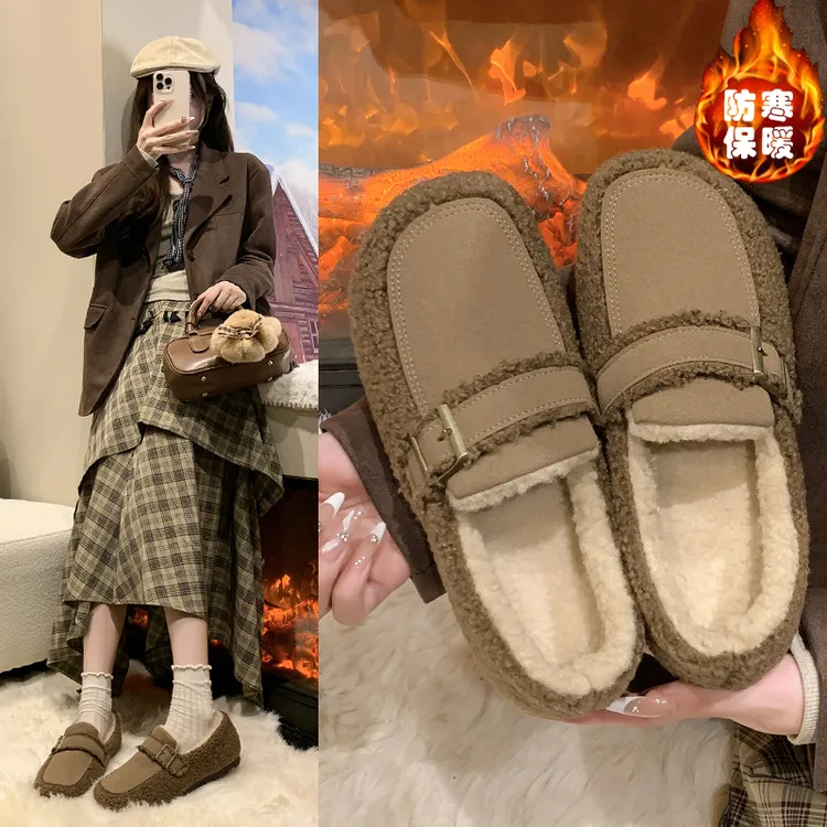 潮流新款勃肯鞋加绒女软底复古秋冬鞋子厚底豆豆平底保暖毛毛棉鞋