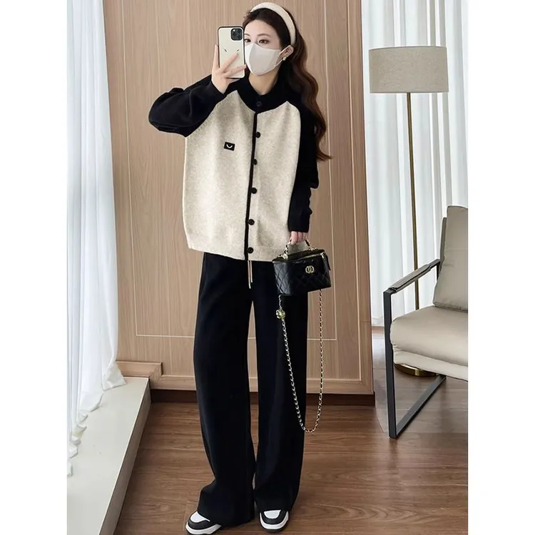 孕妇穿搭秋冬2025新款时尚休闲撞色长袖百搭毛衣外套裤子两件套女