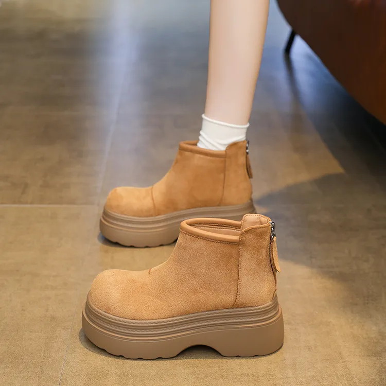 真皮短靴女款2025新款冬季加绒时尚百搭厚底增高小个子瘦瘦靴勃肯